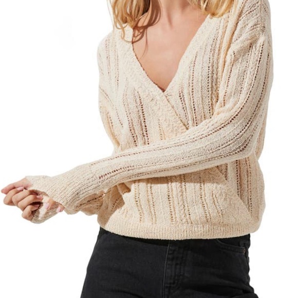 ❄️SOLD❄️ASTR the label Wrap Front Pointelle Sweater Sz. L Color: Cream - Picture 2 of 10